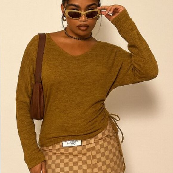 New York & Company Tops - NY & Co. Ruched Drawstring Knit Top S Brown Heathered Minimalist Earthy Neutrals